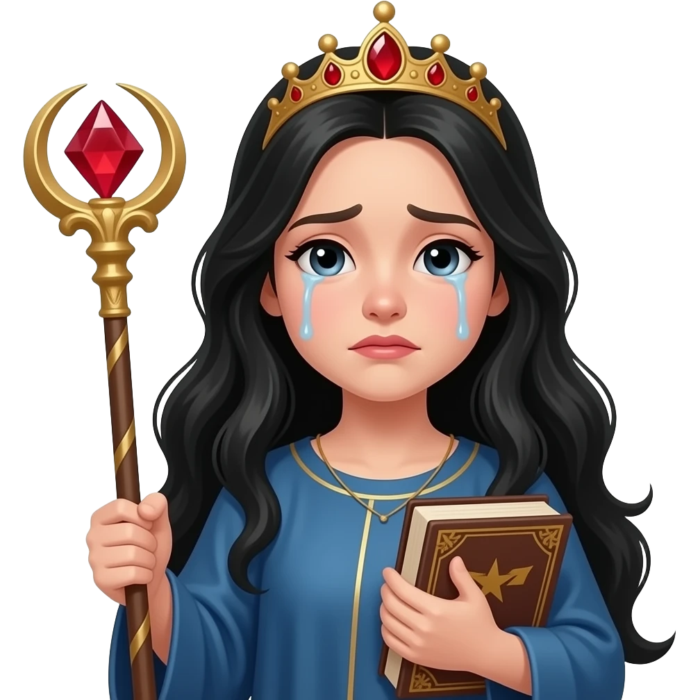 Create red ruby long blackhair girl holding a staff and a ưand and book crying emoji