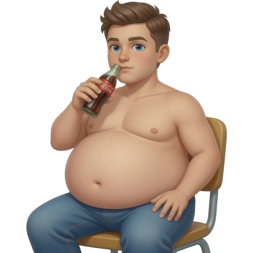 Chłopak ma 15 lat bardzo bardzo ogromnym brzucha brzuch🫄🏼 ma kształt jak ogromna piłka i brzuch jest bardzo twardy i bez koszulki i siedzi na krześle i pije Coca-Cola emoji