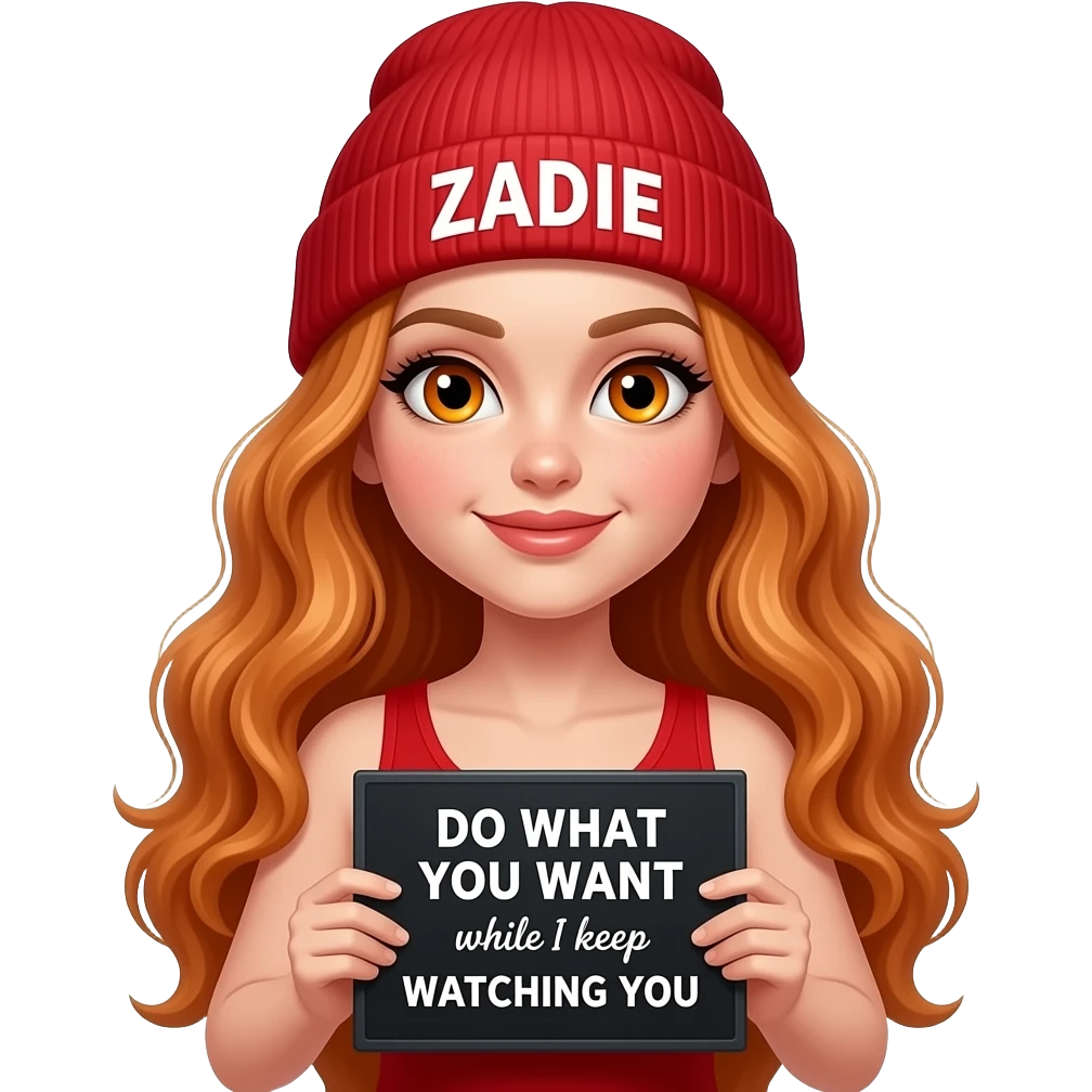 sexy girl with overlong wavy ginger hair and ginger eyes wearing a red tanktop and a red beanie with ZADIE written on it, is holding a black sign with DO WHAT YOU WANT while I keep WATCHING YOU written on it emoji