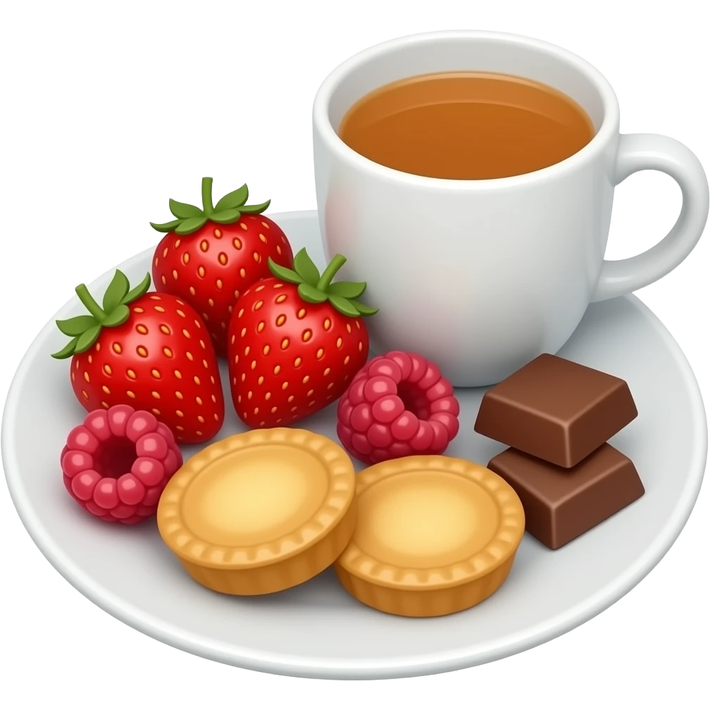 emoji-style illustration of a cozy snack plate for a reader, filled with strawberries, raspberries, chocolate, small pastries, and a cup of tea, bookish vibe, minimal background, no characters emoji