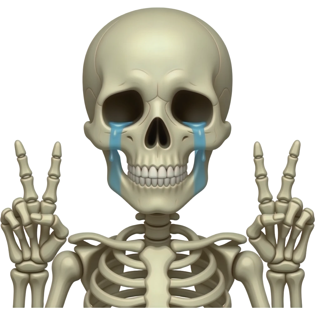 crying skeleton holding peace sign with hands emoji