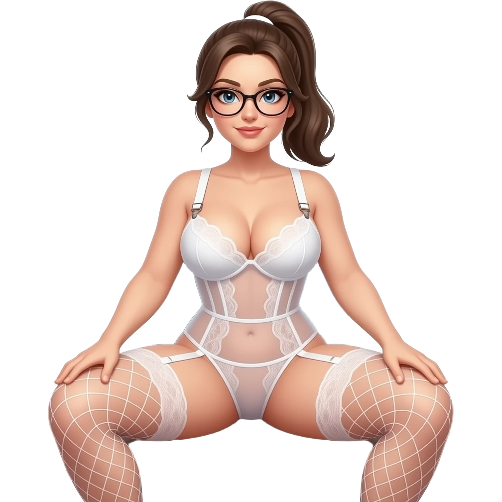 Big Busty, hair in a ponytail, glasses, huge firm ass wearing a sheer white lace corset and a tiny sheer matching thong, white fencenet stockings and suspenders, she sat on the desk facing viewer pulling her knees wide apart with her hands emoji