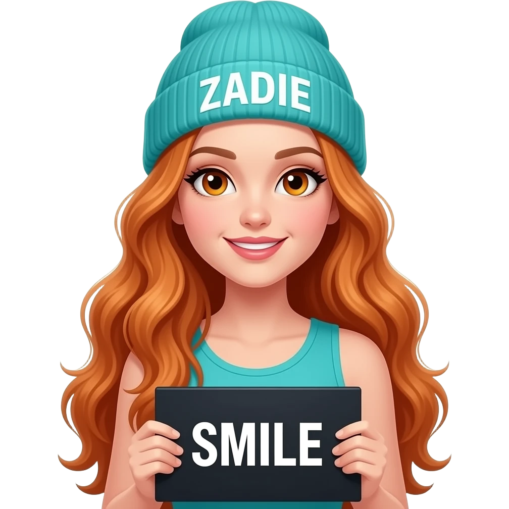 sexy girl with overlong wavy ginger hair and ginger eyes wearing a turquoise tanktop and a turquoise beanie with ZADIE written on it, is holding a black sign with SMILE written on it emoji