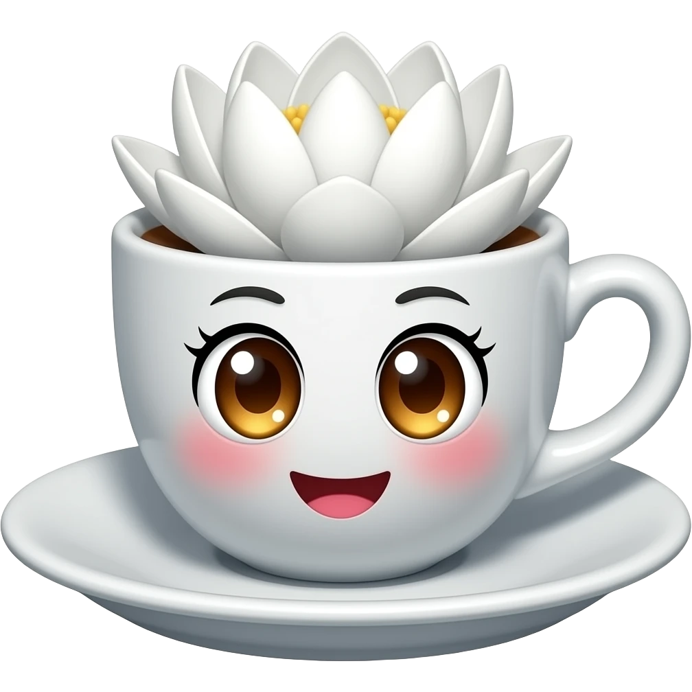 simplest sassy expressionface with big, glistening anime eyes shaped eyeson cup and saucer  coffee emoji emerging from White Lotus emoji