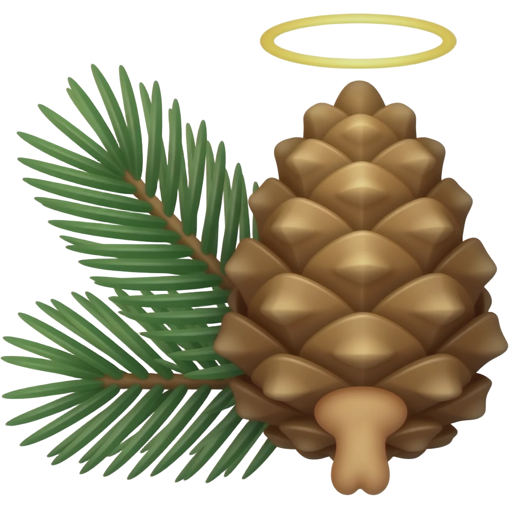 pine needles and a phallic penis-pine cone with a holy halo ring emoji