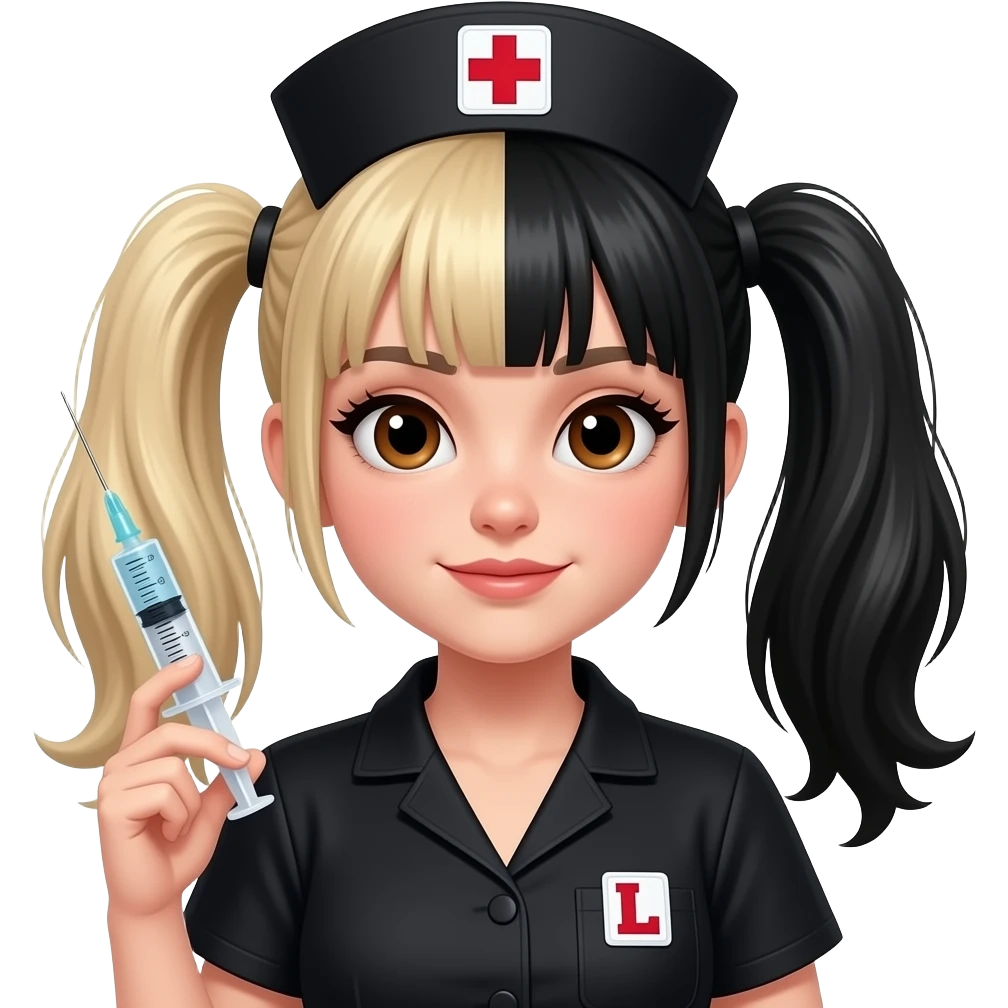 Punk nurse girl with hypodermic needle with half blonde half black hair in pigtails with a letter L patch on black scrubs and brown eyes emoji