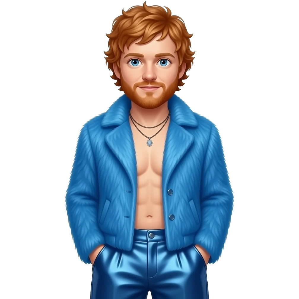 Ed Sheeran with blue eyes, red hair, blue fur coat, steel blue metallic baggy pants, shirtless with necklace emoji