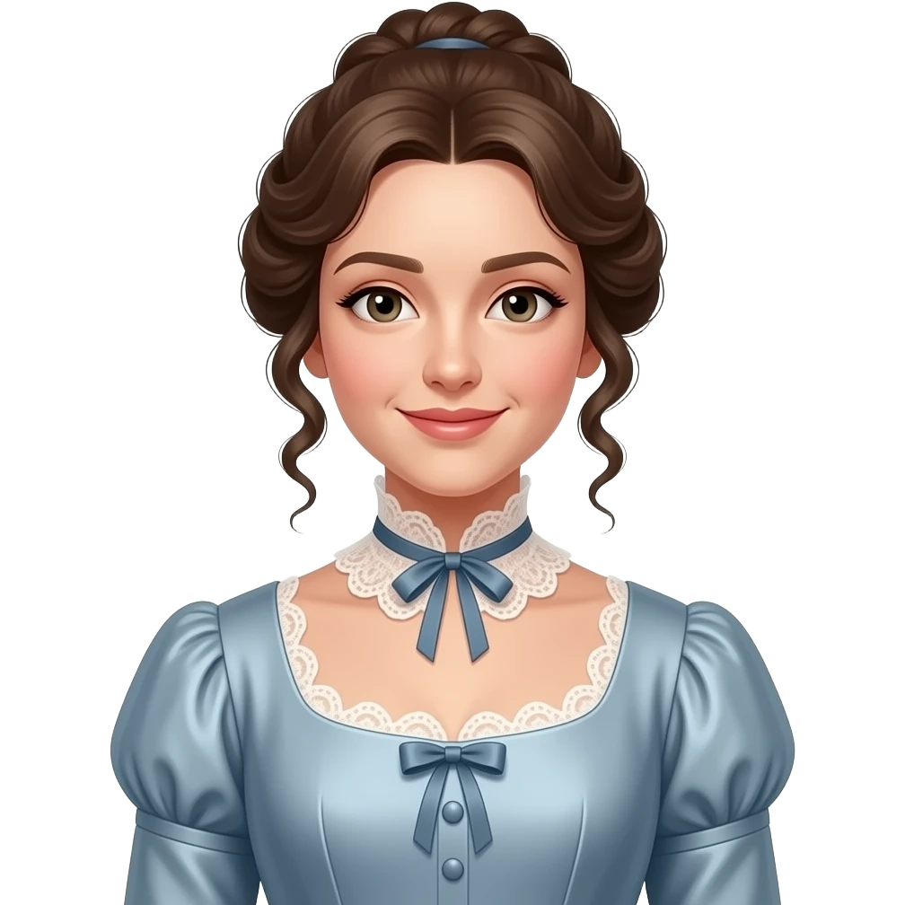 crée un portrait d'une femme brune cheveux attaché ondulé (style année 1800) emoji