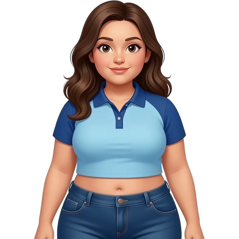 Fat hispanic girl with brown hair, light blue and dark blue polo crop top, and dark blue jeans with a belly button emoji
