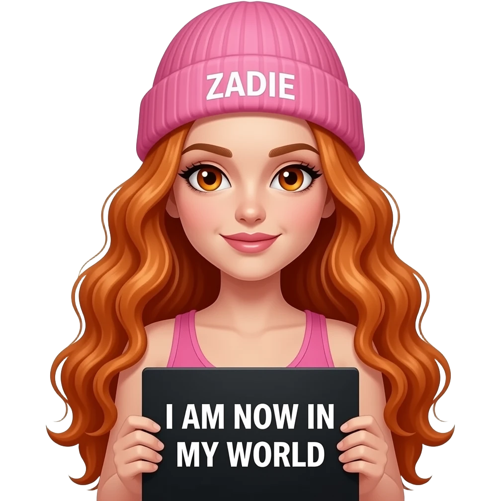 sexy girl with overlong wavy ginger hair and ginger eyes wearing a pink tanktop and a pink beanie with ZADIE written on it, is holding a black sign with I AM NOW IN MY WORLD written on it emoji