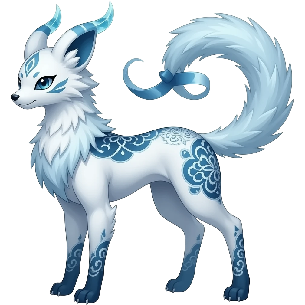 Slim thin lanky scrawny tall elegant oriental feral painted Asian Absol-Glaceon-Sylveon-fusion-hybrid-creature emoji