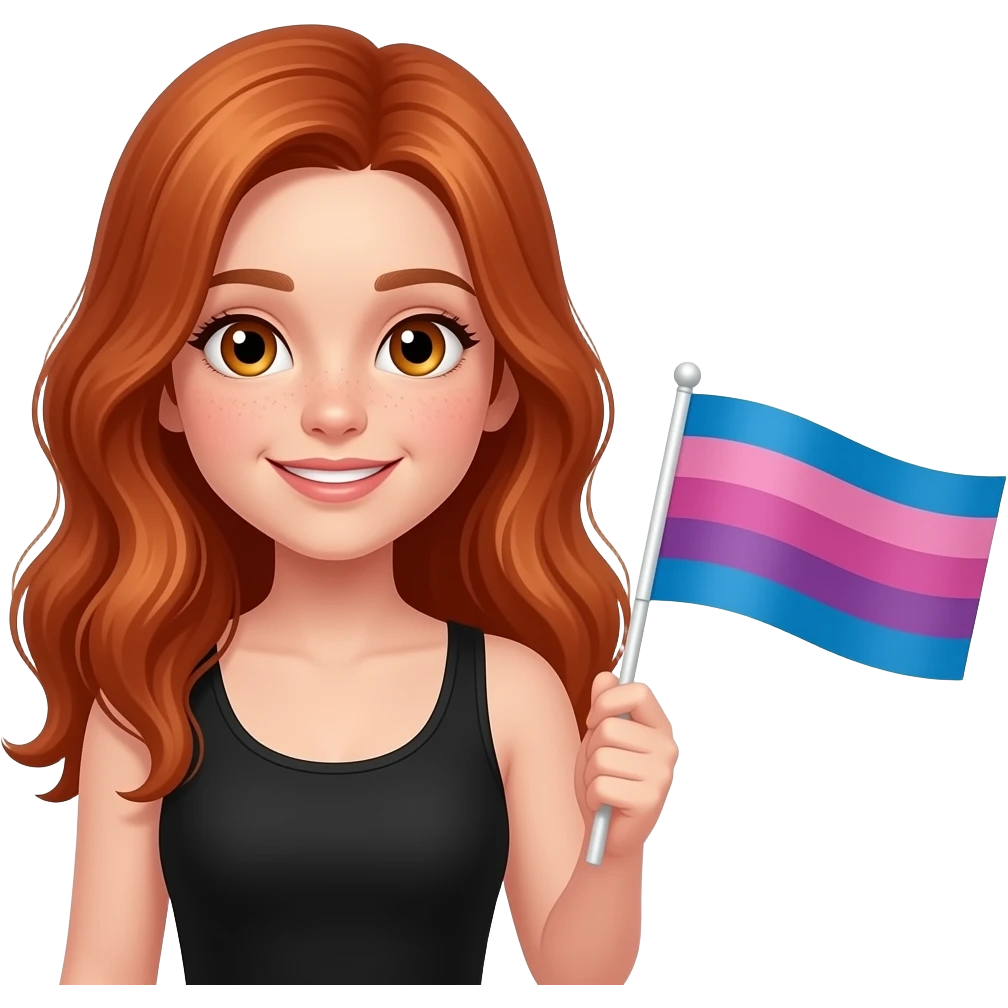 ten year old with long red hair and amber eyes and a black tanktop holding a bisexual flag and saying "I'm proud to be bi but won't tell my parents!!" emoji