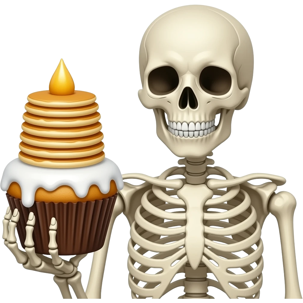Skeleton holding cupcake with a stacks of pancakes on top emoji