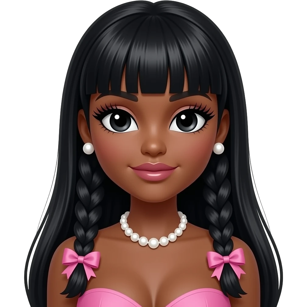 Long giant lashes,Doll faced shaped, pearl necklace, big Pearl earrings studs, bimbo, black doll eyes, barbie, dark brown skin with long black hair with two braids with pink bows,  big breast with no bra emoji