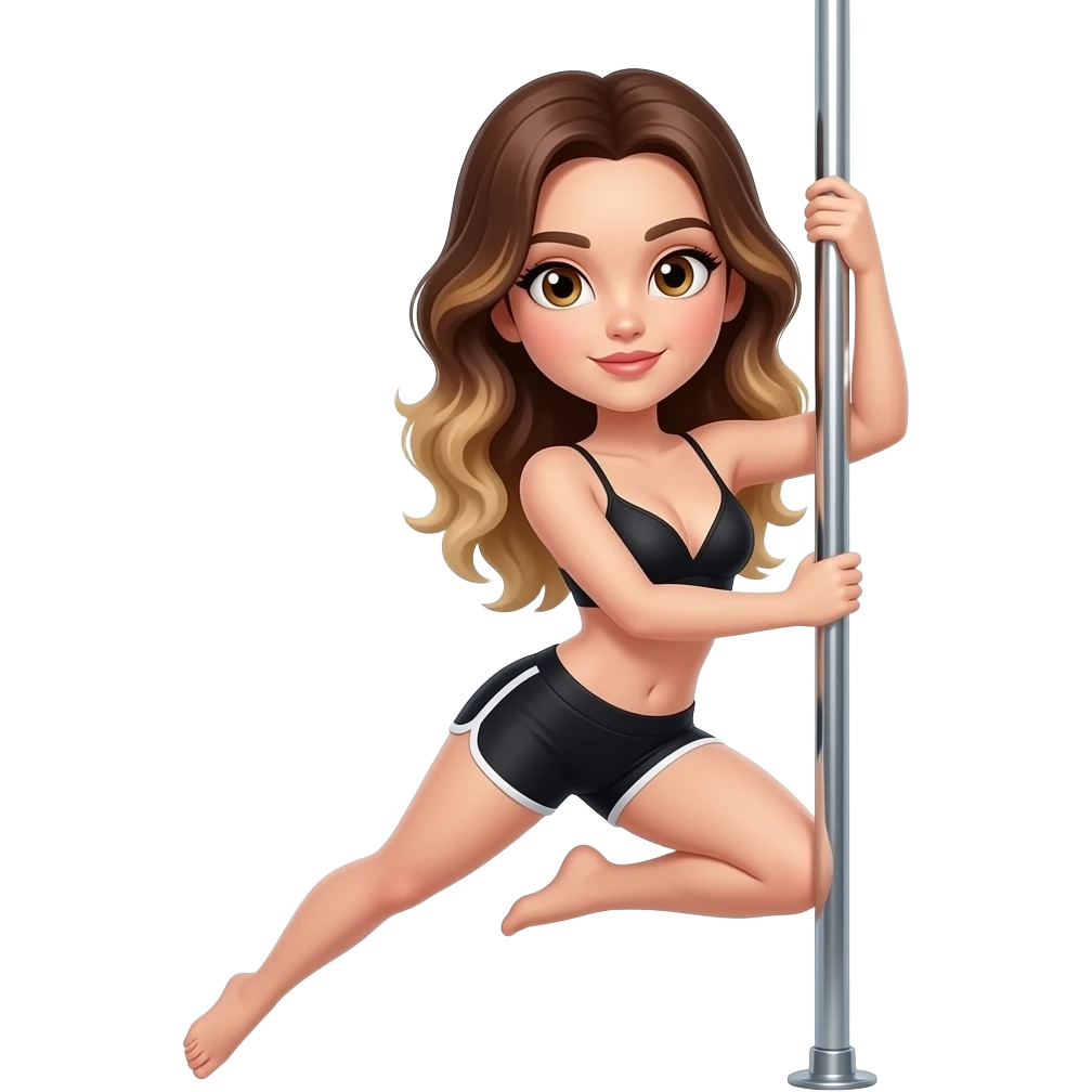 Brown eyed, Brunette balayage hair in black workout shorts and bra, curvy body slim waist, pole dancing emoji