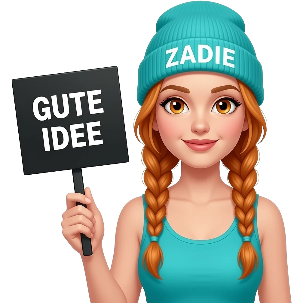 sexy girl with overlong ginger braids and ginger eyes wearing a turquoise tanktop and a turquoise beanie with ZADIE written on it, is holding a black sign with GUTE IDEE written on it emoji