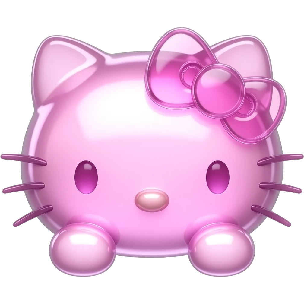 Glowing 3d pink and clear colored glass hello Kitty head with front paws emoji