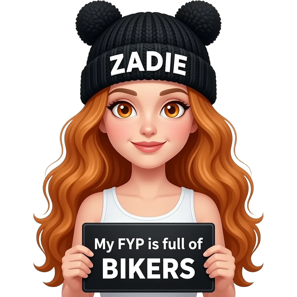 sexy girl with overlong wavy ginger hair and ginger eyes wearing a white tanktop and a black pom pom hat with cat ears with ZADIE written on it is holding a black sign with My FYP is full of BIKERS written on it emoji