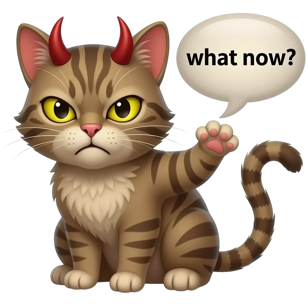 Annoyed She-devil cat saying what now? emoji