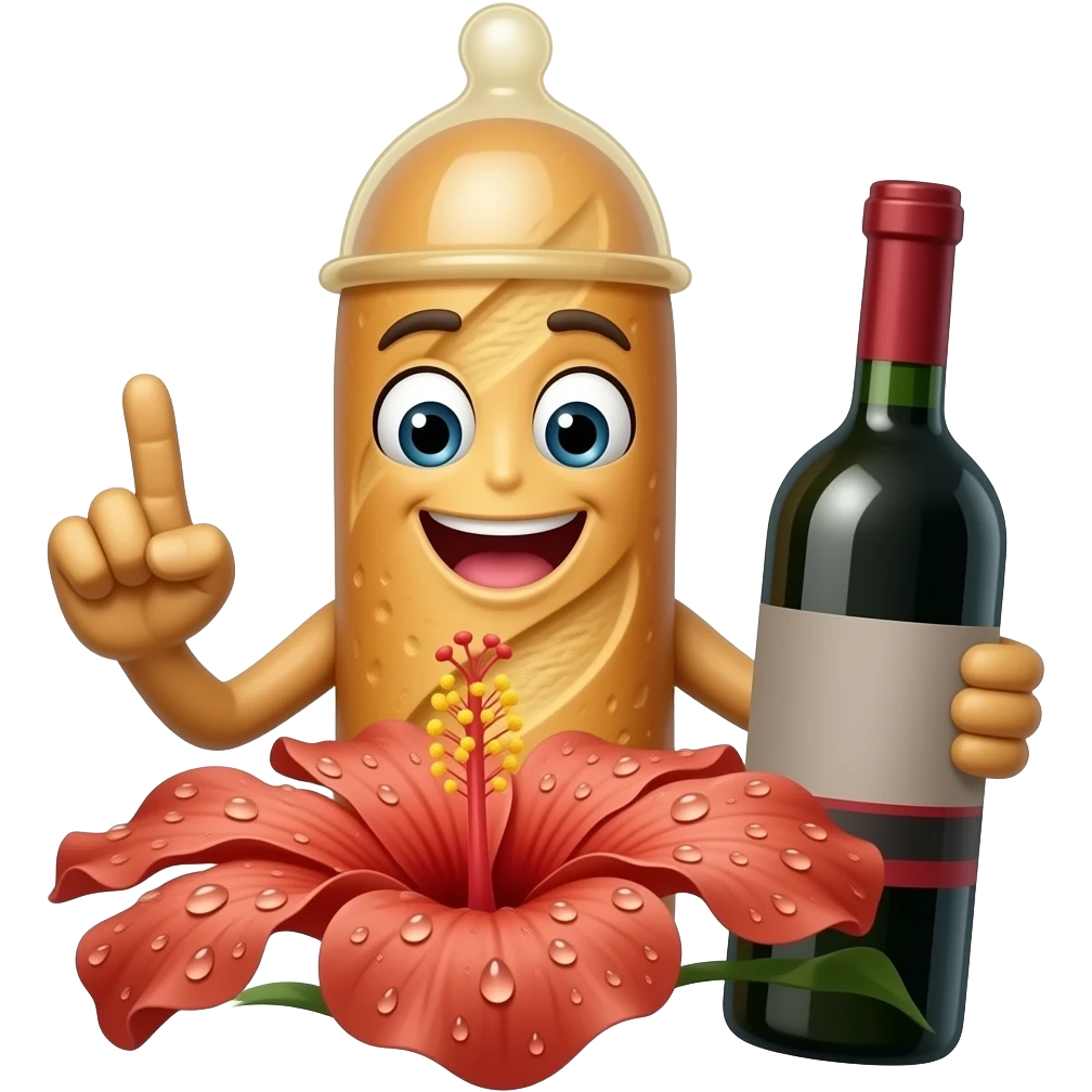 Longue Baguette avec une bouche, des yeux et des bras. Elle a un preservatif sur le haut de la tete et une bouteille de vin dans la main. L'autre main a l'index et le majeur tendus et collés touchant le centre d'un hibiscus qui a beaucoup de gouttes d'eau autour emoji