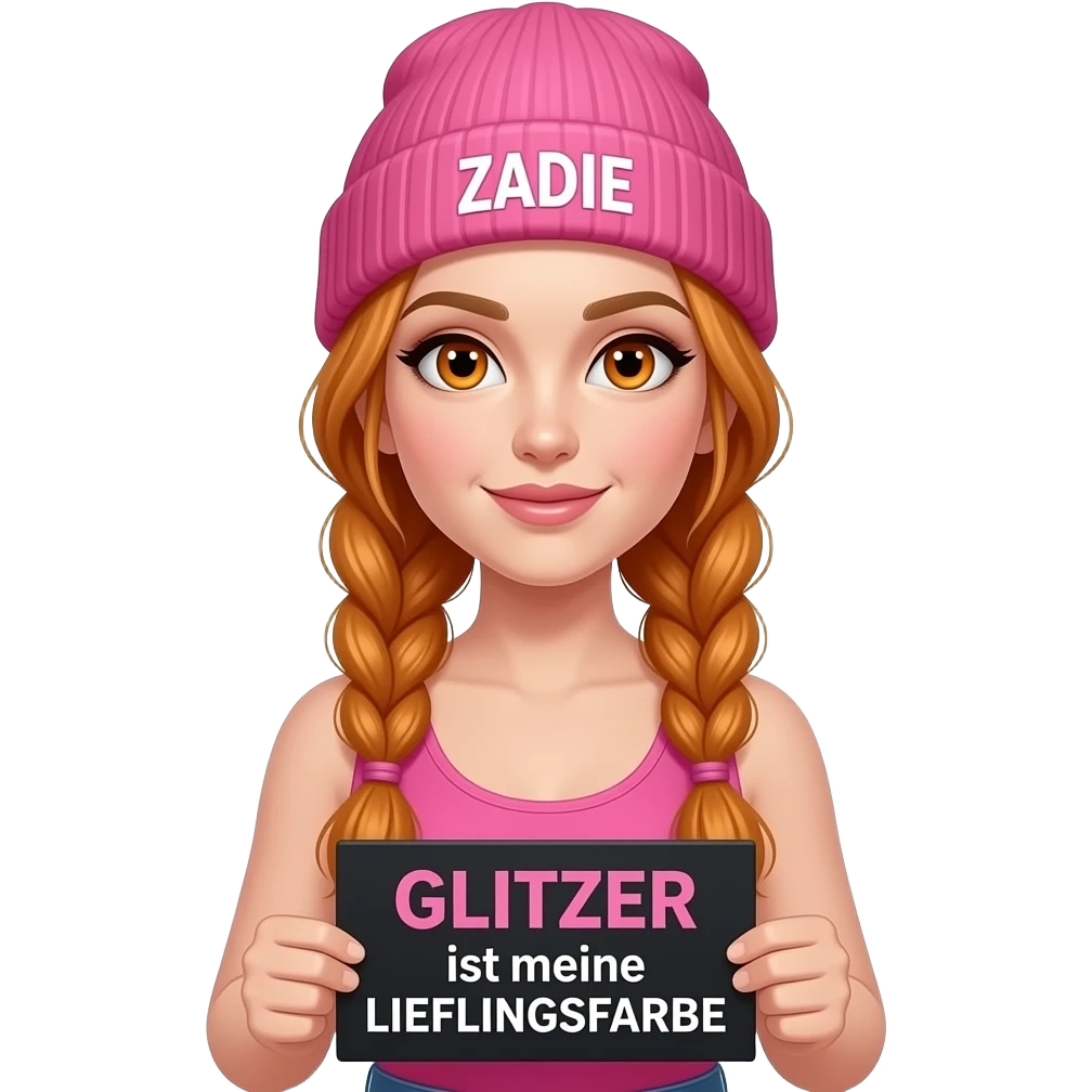 sexy girl with overlong ginger braids and ginger eyes wearing a pink tanktop and a pink beanie with ZADIE written on it, is holding a black sign with GLITZER ist meine LIEBLINGSFARBE written on it emoji