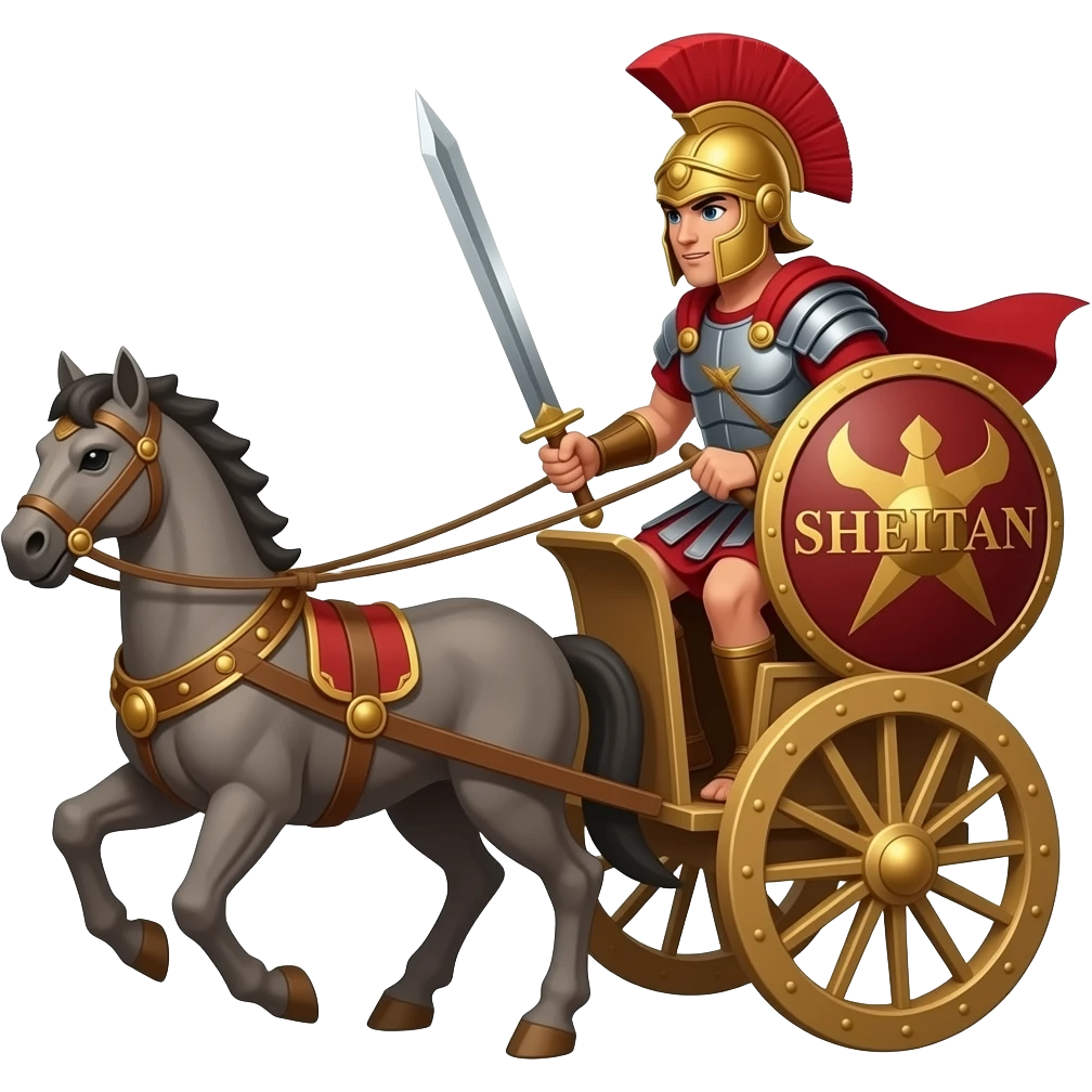 Demon charging into battle driving a roman war chariot text SHEITAN emoji