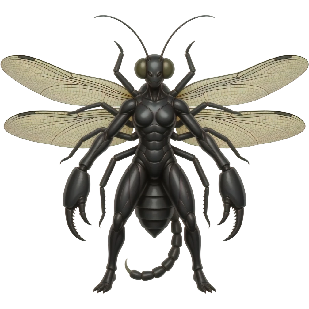 a black widow spider body with dragonfly wings, a scorpion tail and pinchers, and a praying mantis head, insectoid fusion, realistic, emoji