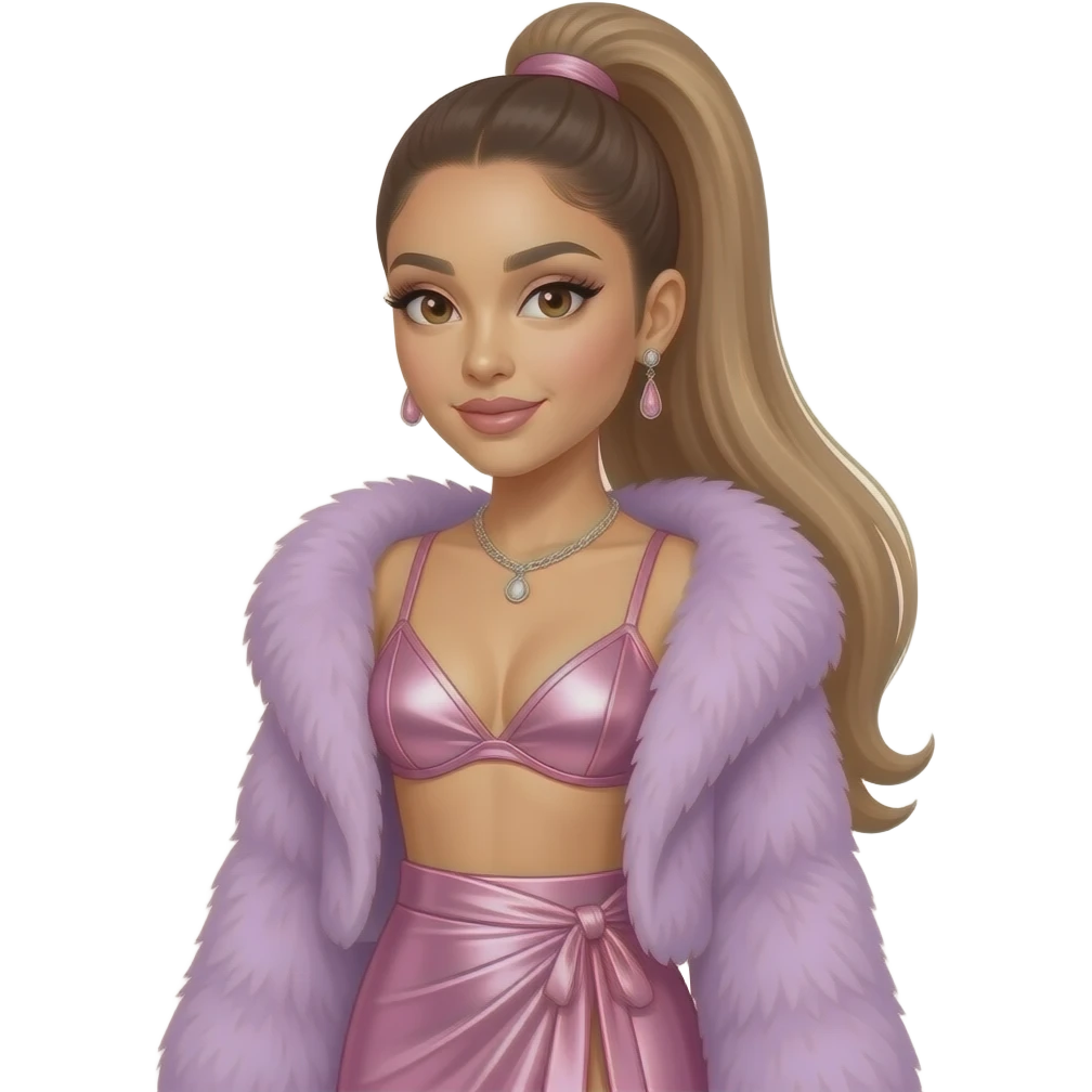 Ariana Grande with brown eyes, long light brown high ponytail hair, light lavender pink fur shawl, pink metallic bra, pink metallic long wrap skirt, necklace and earrings emoji