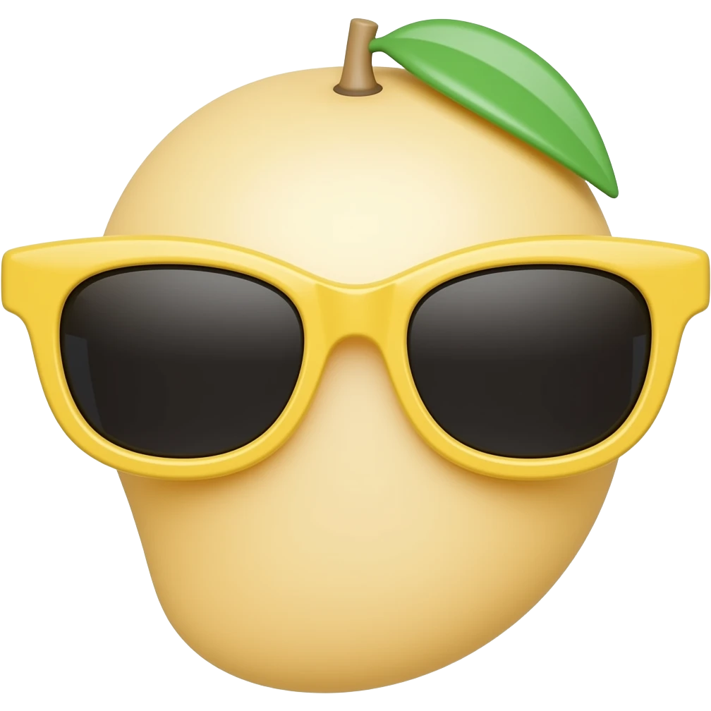 Mango-shaped sunglasses 🥭🕶️ with glossy yellow frame and black lenses. Ultra HD, futuristic style, clean background, HDR quality. emoji