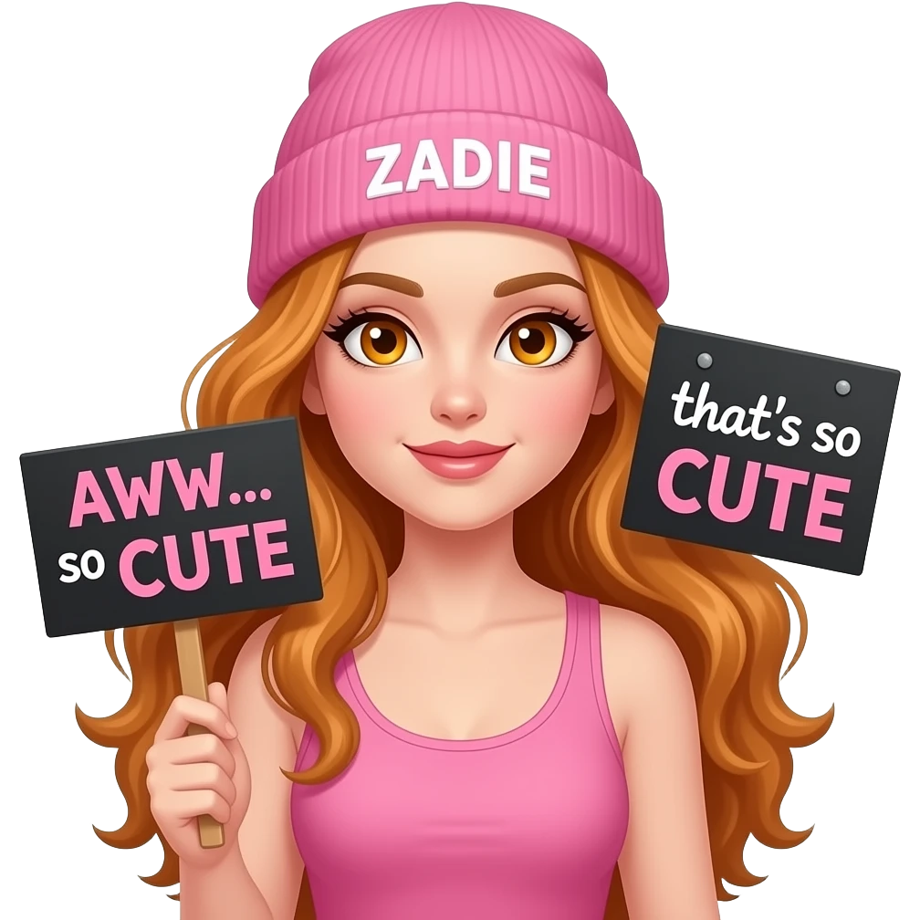 sexy girl with overlong wavy ginger hair and ginger eyes wearing a pink tanktop and a pink beanie with ZADIE written on it, is holding a black sign with AWW... that's so CUTE written on it emoji