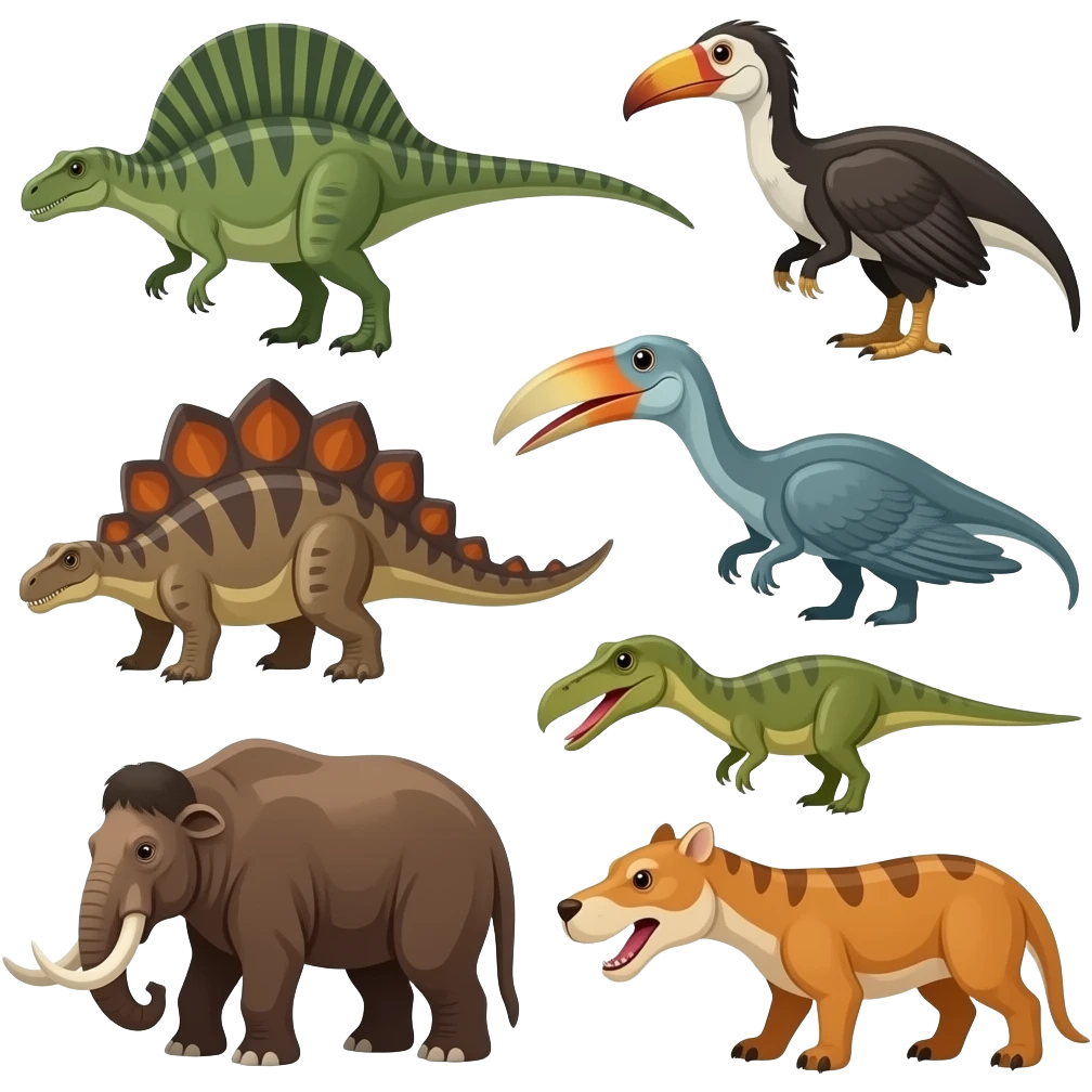 Spinosaurus and terror bird vs Dimetrodon and allosaurus vs Quetzalcoatlus and Baryonyx vs mastodon and smilodon emoji