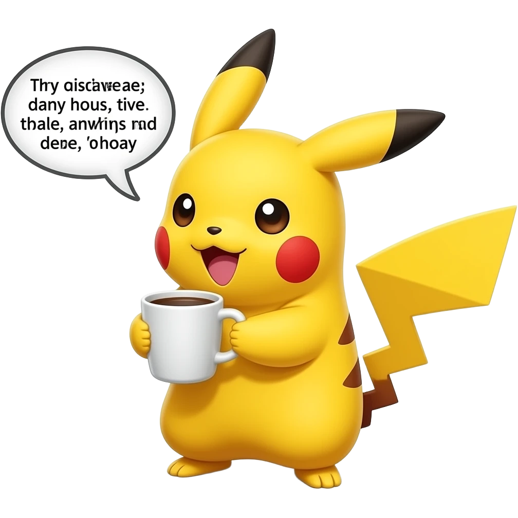 Pikachu, en train de boire un café qui dit dans une bulle n’importe quoi emoji
