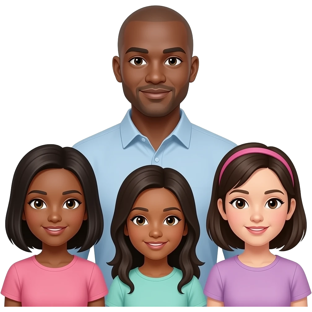 Make an emoji of a completelybald black guy with three daughters standing in front of him emoji
