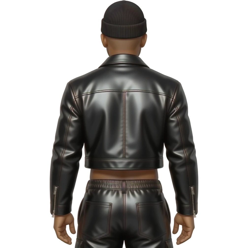 LL Cool J from behind with bald, black beanie, black metallic crop top jacket, black metallic baggy pants emoji