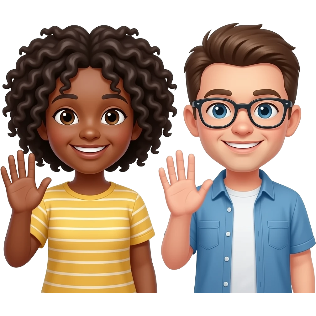 Freineds whith beown hair and one whith glasse waving to eachother emoji