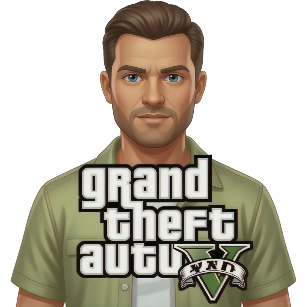 Trevor from GTA5 that has a white skin tone and has a grand theft auto V. sign in the front emoji