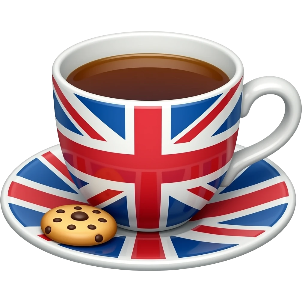 British teacup with a biscuit on the saucer, isolated, centered, no background, no table, no scenery, no text, elegant porcelain, warm tea, cozy London afternoon tea feeling emoji