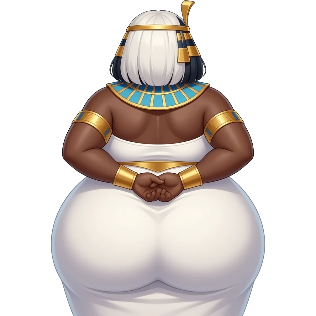 African Anime extremely fat big booty a white hair female creature cosplaying Egyptian girl showing back her buttocks with putting her hands behind the wall with her white dress emoji