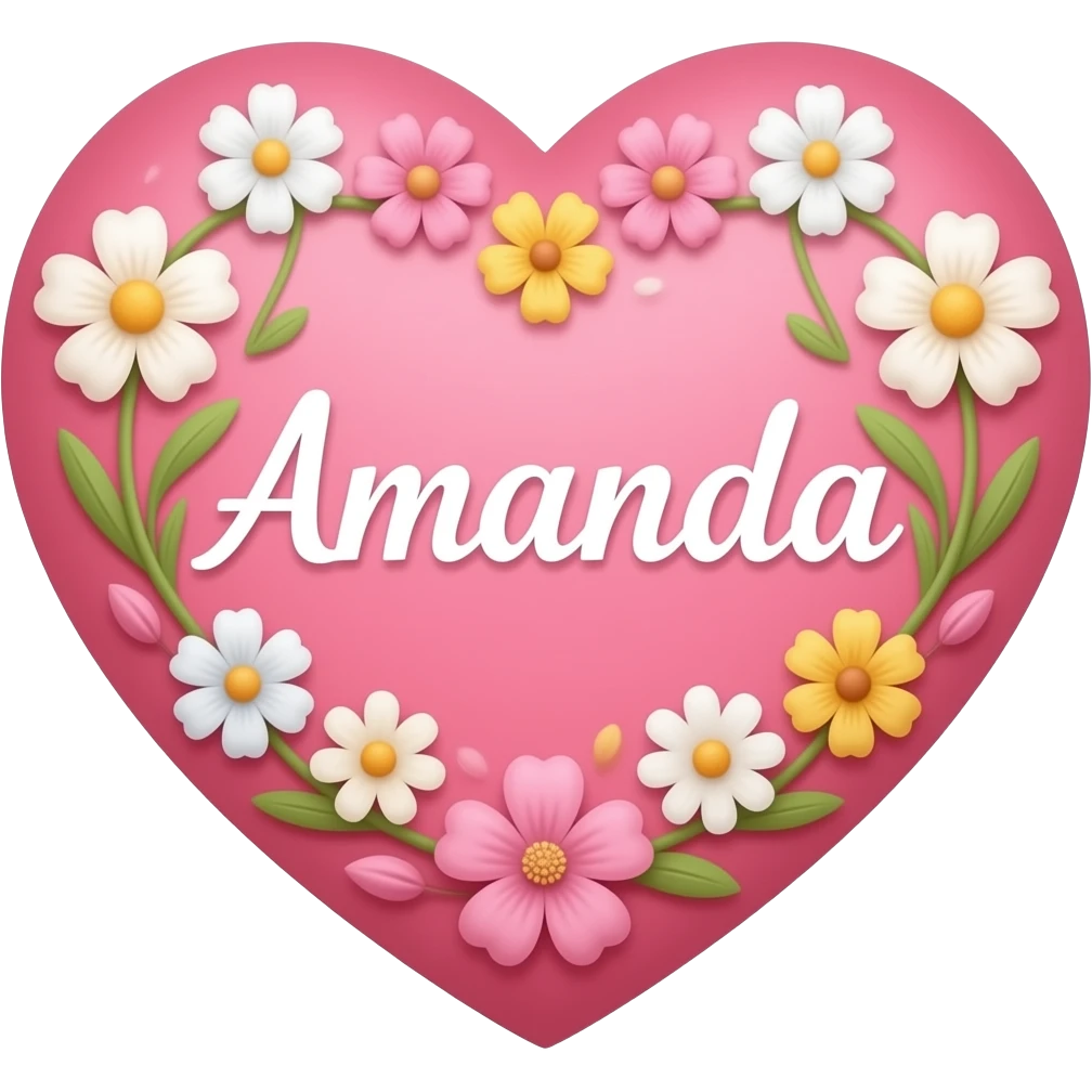 Coração cor pink com flores no meio o nome Amanda letra linda emoji