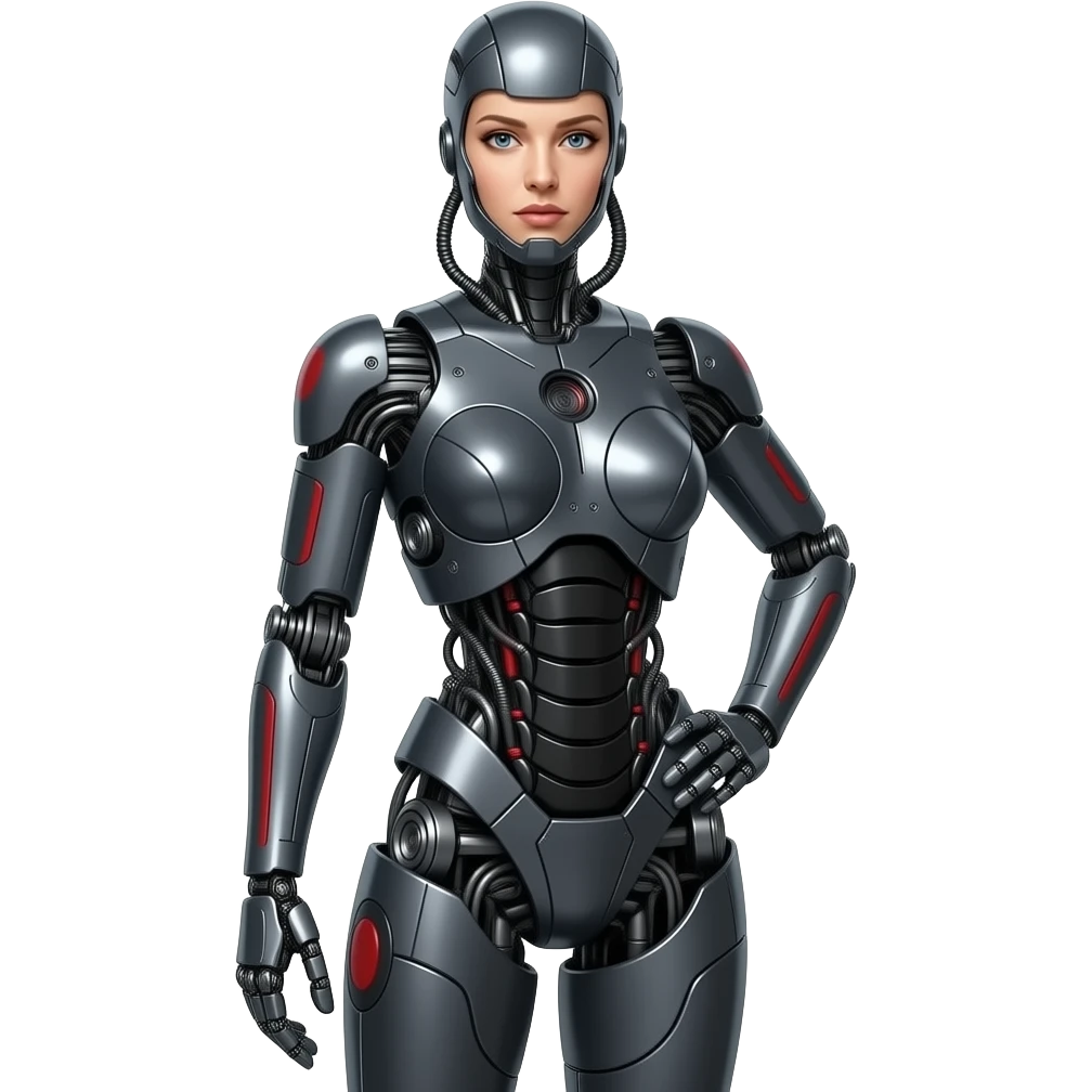 A mechanical woman made of dark gray steel with black and red markings,no human features, only robot features, entire body, sexy pose, robot face (fullbody) emoji