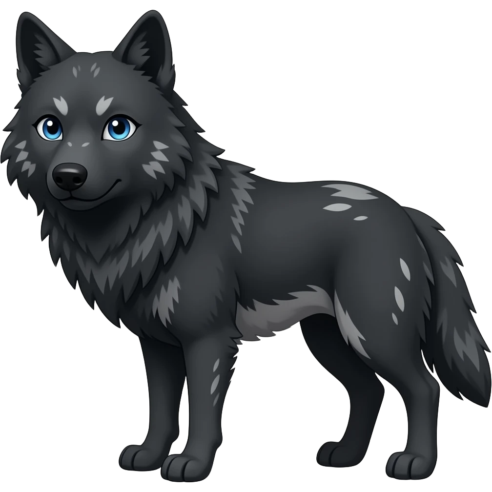 black wolf with blue eyes and greyish white markings over the left eye around the eye,  and a bit of white on theunderbelly and tail emoji