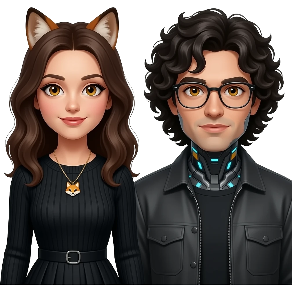 Realisting woman sexy posing elegant black sweater dress with a fox charm necklace model seeing a cute cyberpunk man wearing glasses with honey colored eyes, Italian  and long curly black hair emoji