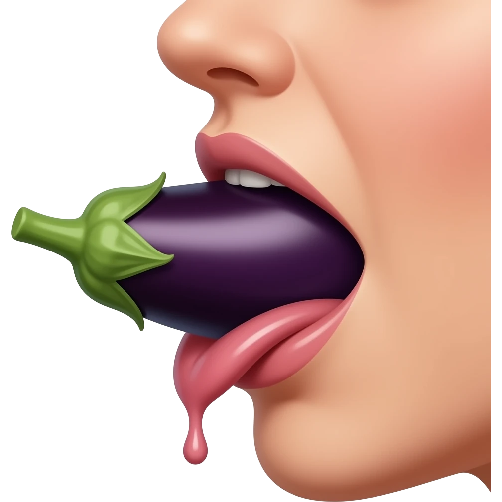 Side view of an eggplant entirely inside a woman’s mouth slobbering emoji