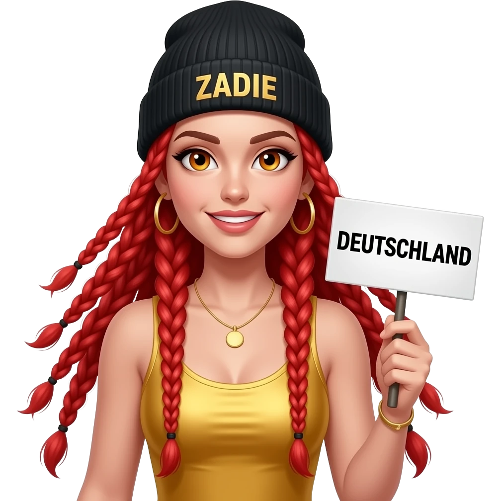 sexy girl with overlong neon red braids and ginger eyes wearing a gold tanktop and a black beanie with ZADIE written on it, is holding a sign with DEUTSCHLAND written on it emoji
