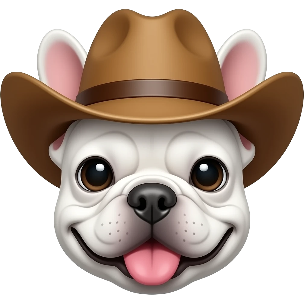 a white french bulldog with a cowboy hat on, just his face, with his tongue out emoji