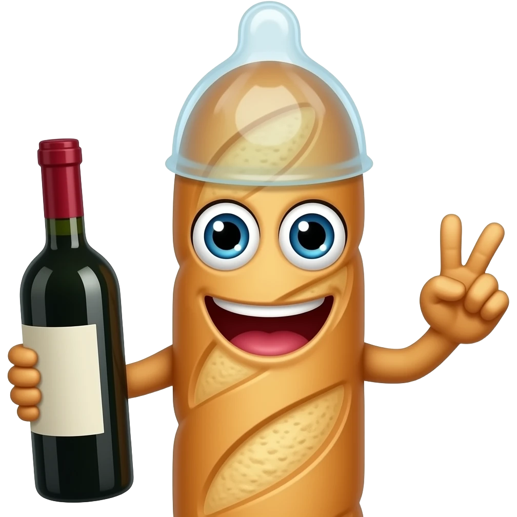 Longue Baguette avec une bouche, des yeux et des bras. Elle a un preservatif sur le haut de la tete et une bouteille de vin dans la main. L'autre main a 2 doigts tendus emoji