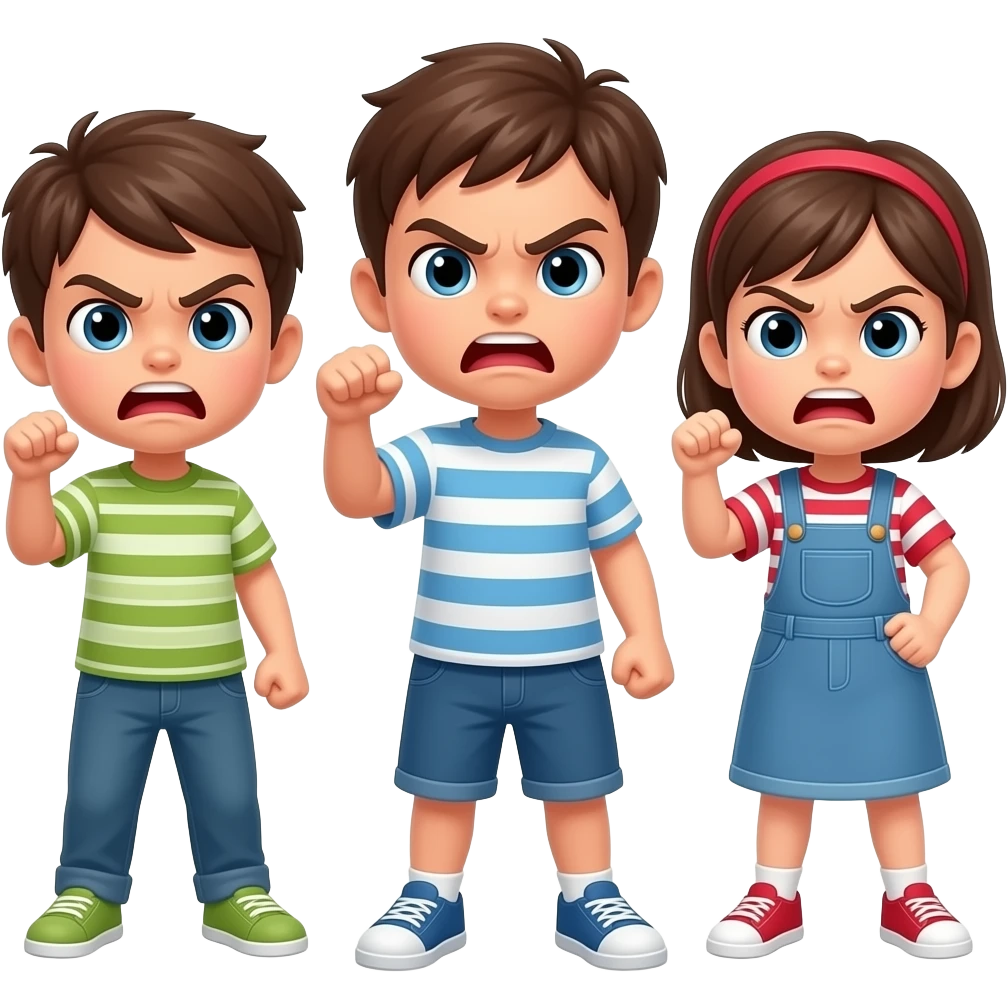 A detailed iOS-style emoji of three kids mad fighting emoji
