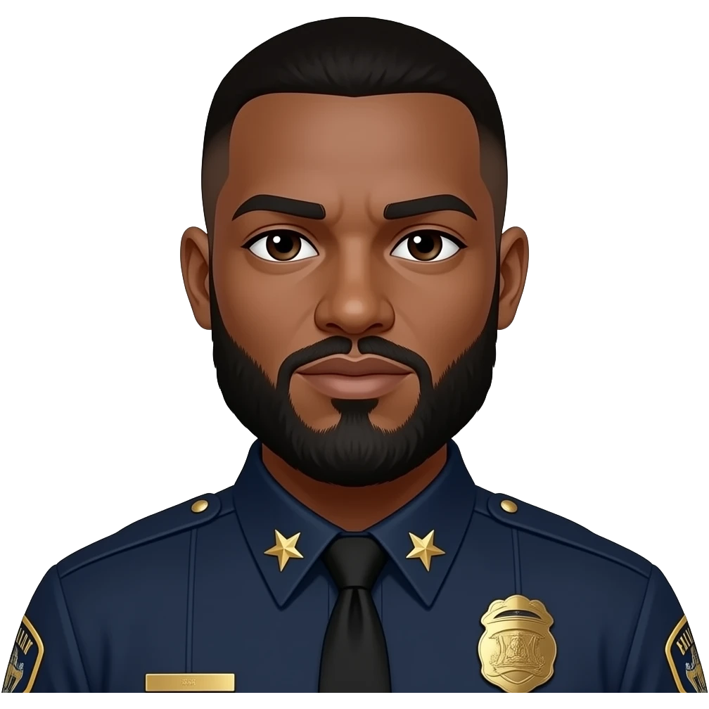 black officer with full beard and tapper haircut with gold star and no pins on collar emoji