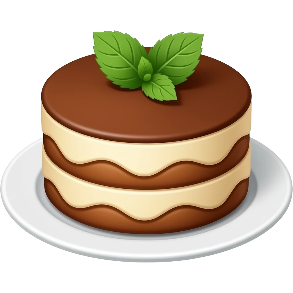 Round tiramisu on plate with tiny mint leaf on top emoji