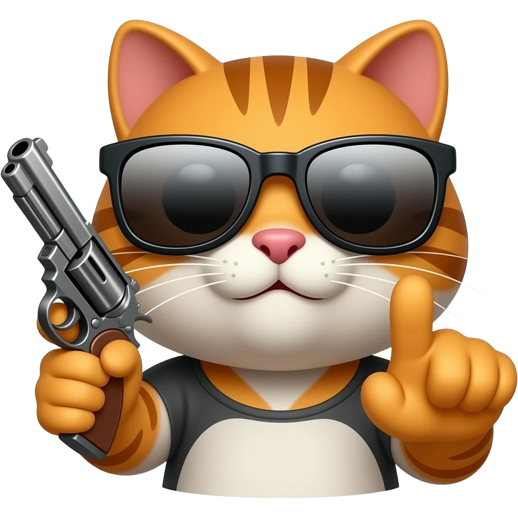 cat head with cool sun glasses hold a gun and flipping you off emoji